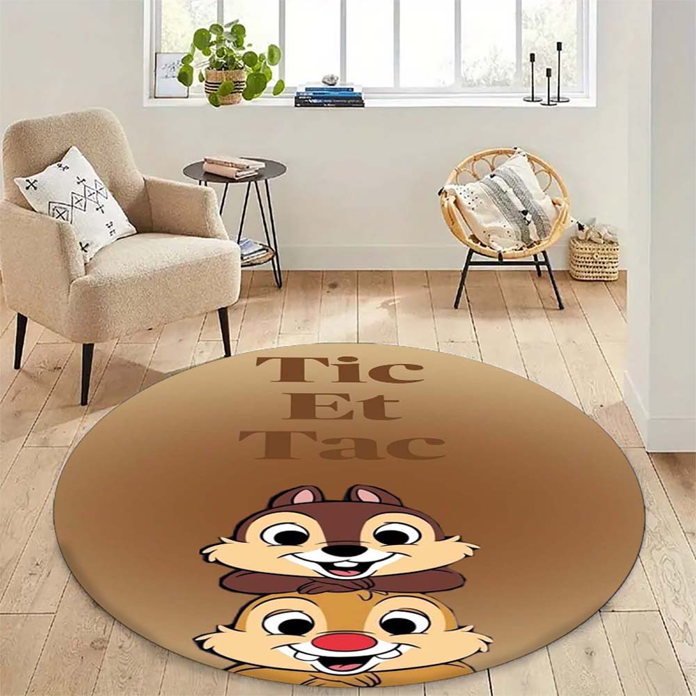 Cute Chip 'n' Dale print round floor mat, home rug decoration, cartoon welcome doormat, non-slip and stain-resistant.