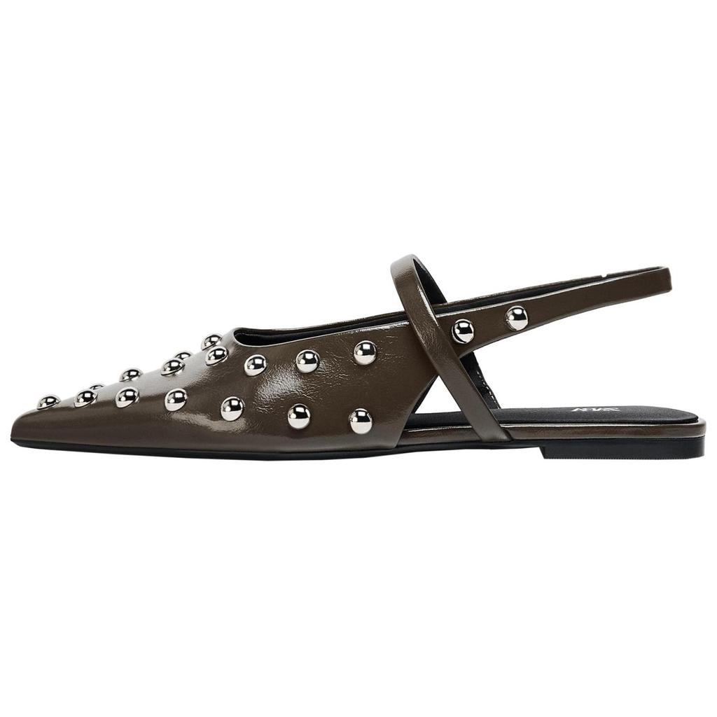 Zara Fashionable Metal Rivet Pointed Flat Backless Casual Shoes Women Flats Gray Brown 13584510-38