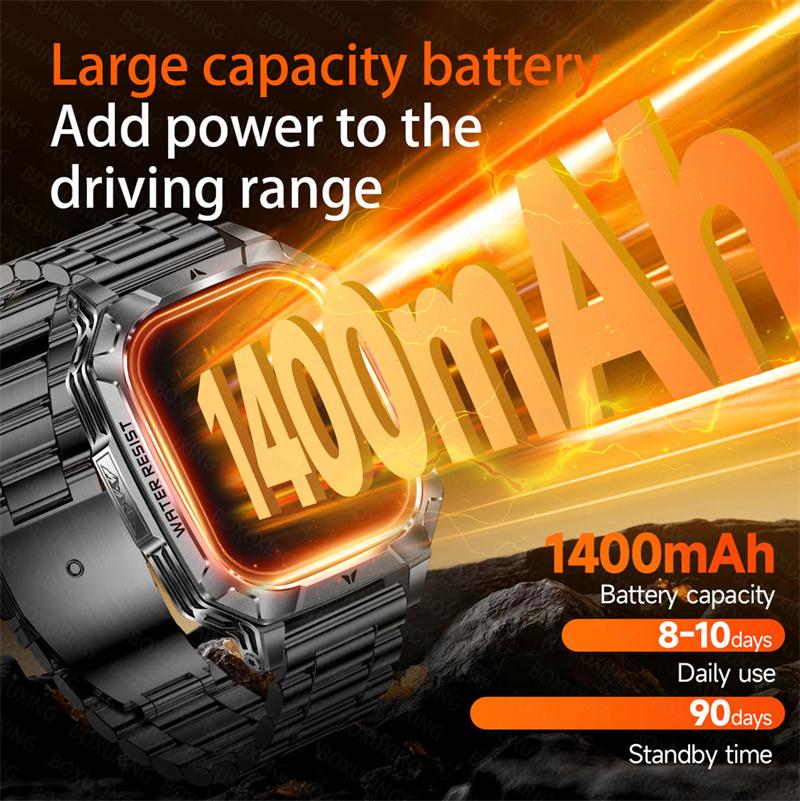 Rugged Outdoor Smart Watch 1400mAh 2.01" HD Screen Bluetooth Call GPS IP68 Waterproof Flashlight SOS Fitness Watch for Men