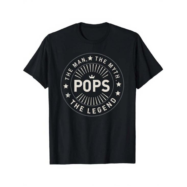 Мужская футболка с принтом POPS - Смелый круглый дизайн с надписями 'ЧЕЛОВЕК, МИФ' и 'ЛЕГЕНДА' - Стильная черная футболка с иконкой короны и звездными акцентами