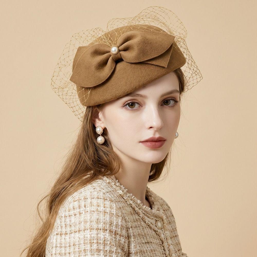 Fedoras Mesh Topper Hat French Style Woolen Beret Woolen Top Hat Formal Hat Fashion Show