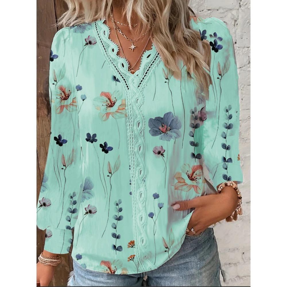 HNXC Women's Fashion Casual Autumn Winter Floral Print Long Sleeve V-Neck Blouses & Shirts