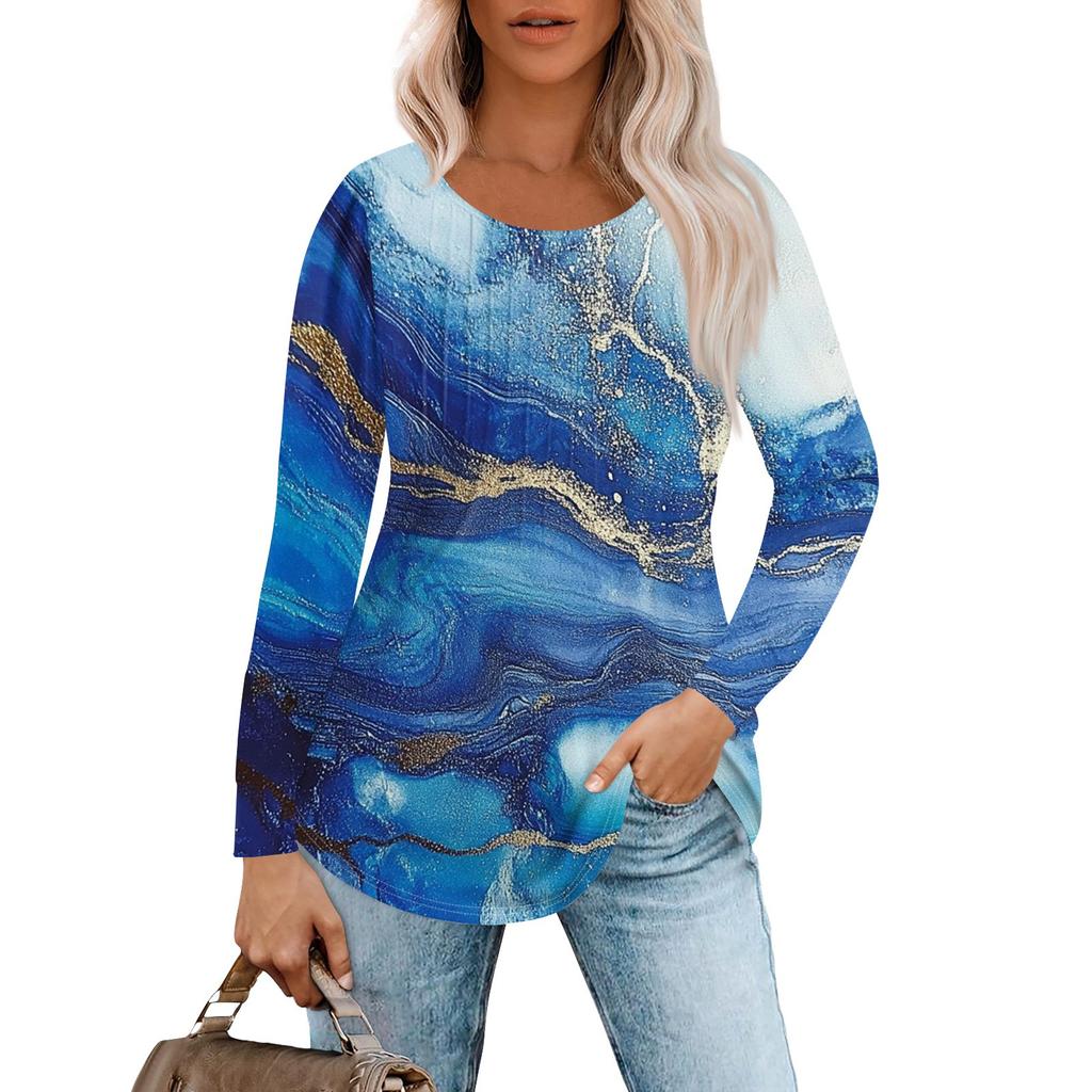 Женская модная повседневная плиссированная футболка с круглым вырезом и принтом, с длинным рукавом