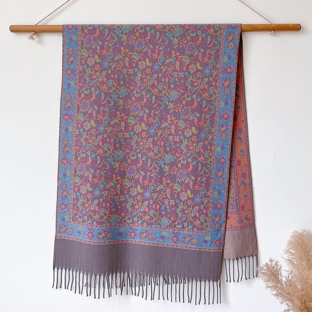 Versatile Retro Flower Pattern Hong Kong Style Imitation Cashmere Women's Warm Scarf Fashion Long Beard Fringed Shawl