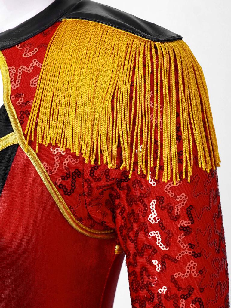 Girls Sequin Tassel Magician Costume Long Sleeve Epaulet Design Tutu Skirt Built In Brief Circus Dress Up