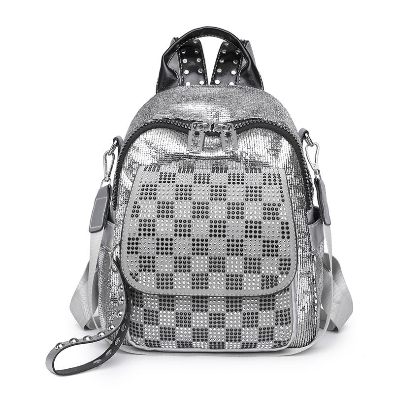 Women's Backpack Chessboard Rhinestone Bag Outdoor Leather Backpack