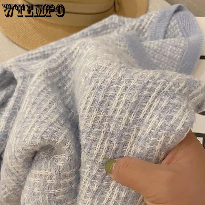 WTEMPO Женский синий свитер с круглым вырезом и жемчужными пуговицами, кардиган с длинными рукавами, повседневные винтажные мешковатые вязаные топы, верхняя одежда