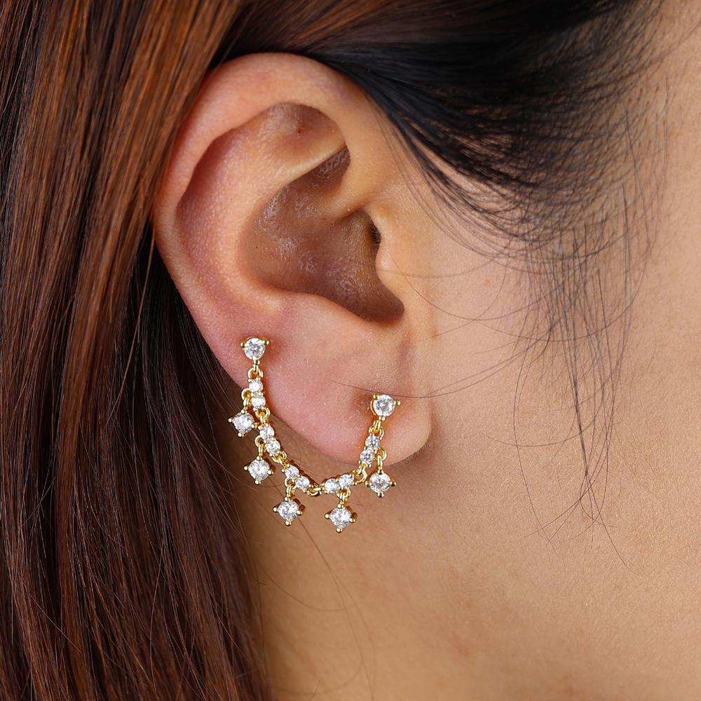 One Side Two Piecing Stud Earring Tassel Chain Link Mini Clear Round CZ Zircons Women Office Stud Earring for Engagement Jewelry
