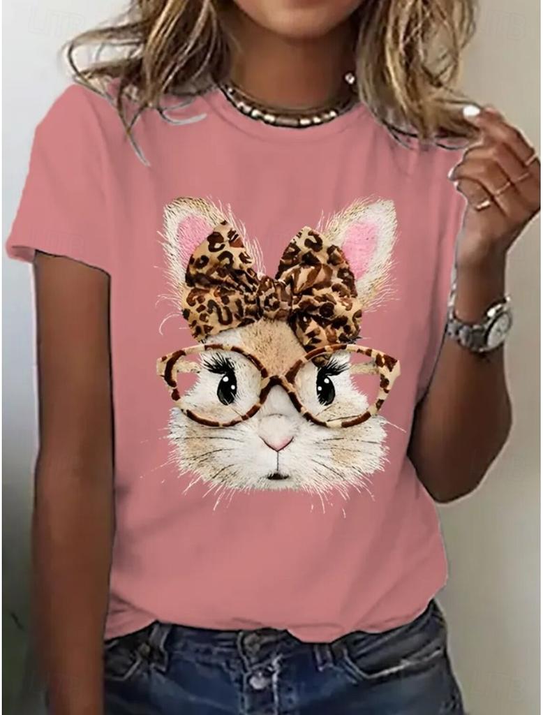 Women's Fashion Cartoon Animal Graphic T-Shirt Crew Neck Short Sleeve Casual Regular Tops Daily Weekend Outfit for Summer Wear