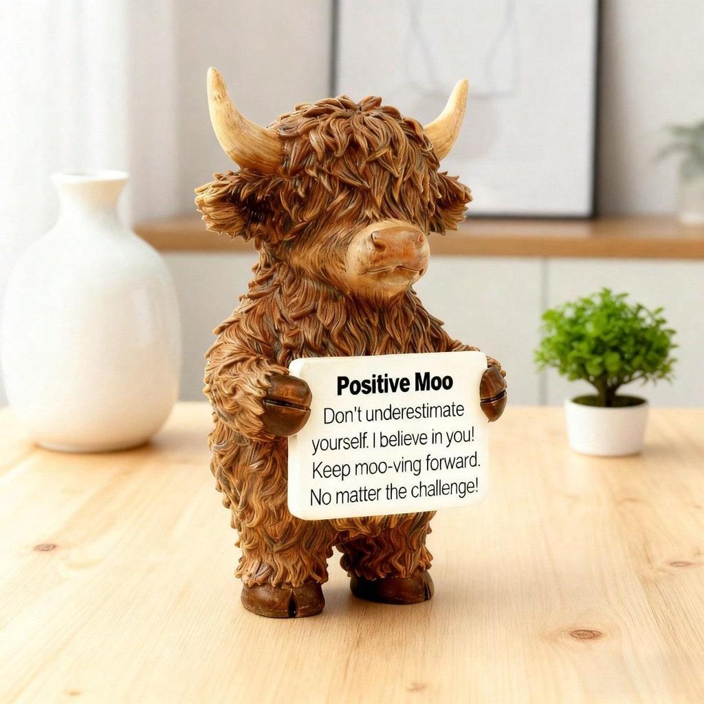 A Cute Scottish Highland Cow Statue, Resin Farmhouse Cow Desk Decor, Encouragement Cheer Up Gift for Office Home Shelf Tabletop