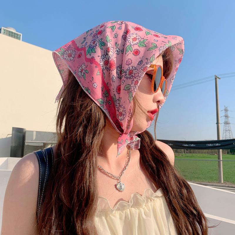 55Cm Sweet Floral Print Small Square Scarf For Women Girl Cute Soft Flower Scarf Hairband Headband Korean Hair Scarves