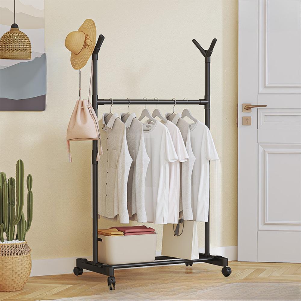 Multifunctional Bedroom Storage Racks Movable Double Rod Clothes Rack Telescopic Floor Hangers Wheeled Shoe Hat Hanger For Door