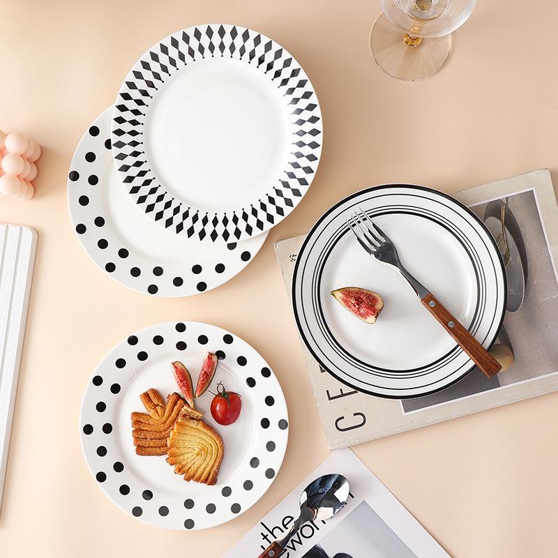 Creative Polka Dot Ceramic Round Flat Plate Household Geometric Dessert Western Dish Pizza Steak Shallow Plate