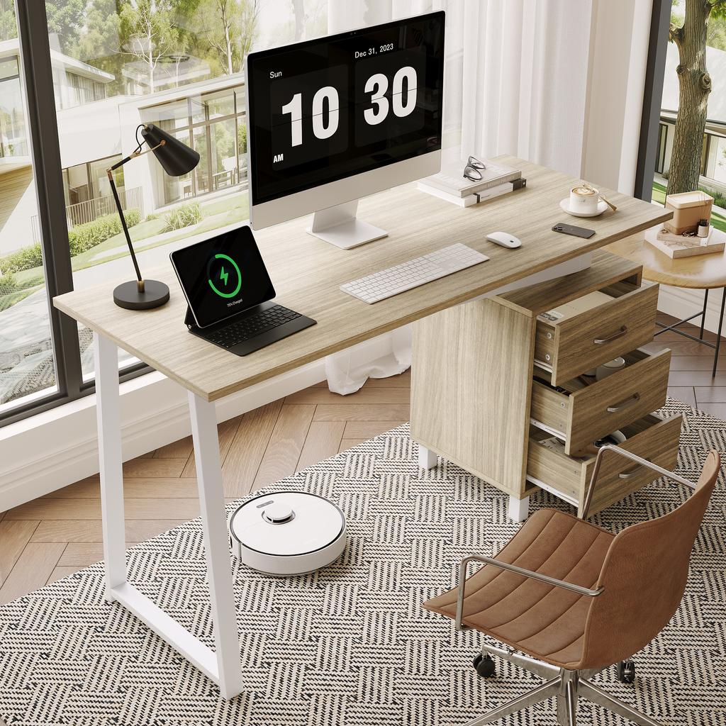 130*55*75cm, Spacious Desk with Storage, High-Density MDF Material, Drawer Slides, Triangular Braces, Easy to Assemble and Clean, Natural Wood + White