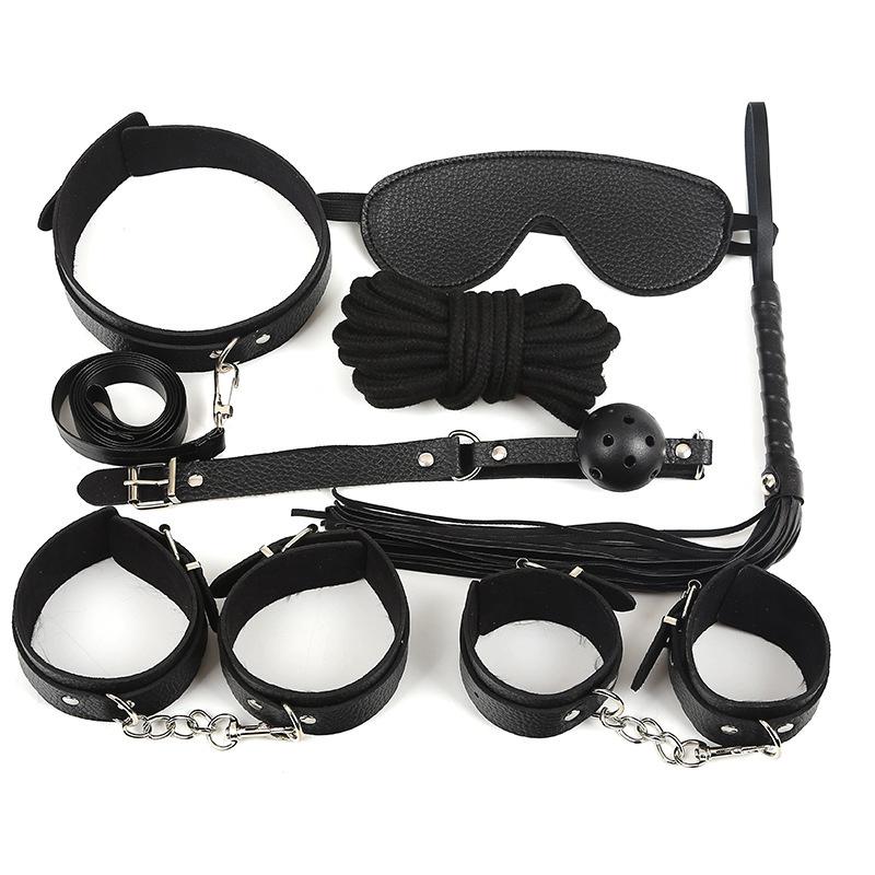 Black Red Leather 7-Piece Bondage Restraint Set Handcuffs for Couples BDSM Flirting Spanking Punish Roleplay Kinky Adult Sex Toy