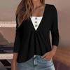 Women's Fashion Casual Long Sleeve Shirt Solid Color Button V Neck Up Tops
