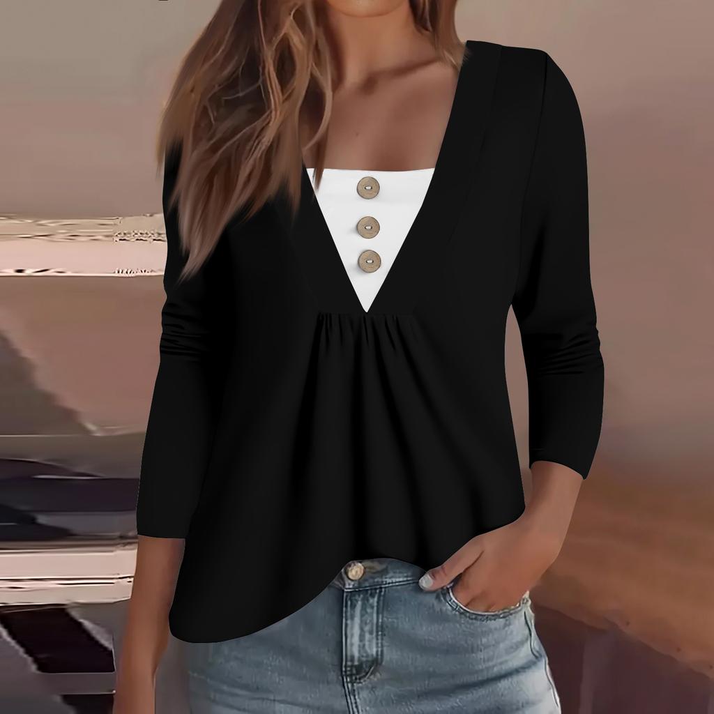 Women's Fashion Casual Long Sleeve Shirt Solid Color Button V Neck Up Tops