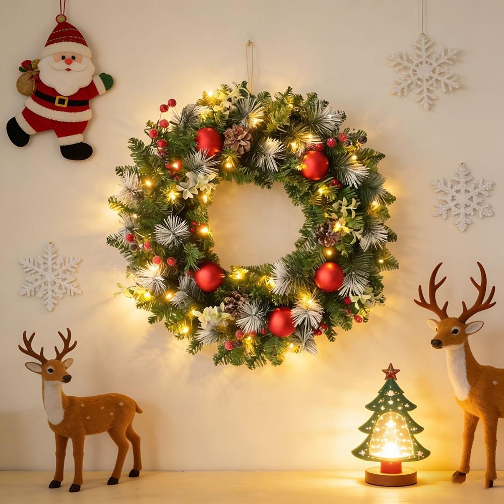 With LED Light Door Hanging Garland Simulated Pine Branches Front Door Wall Decorations New Year