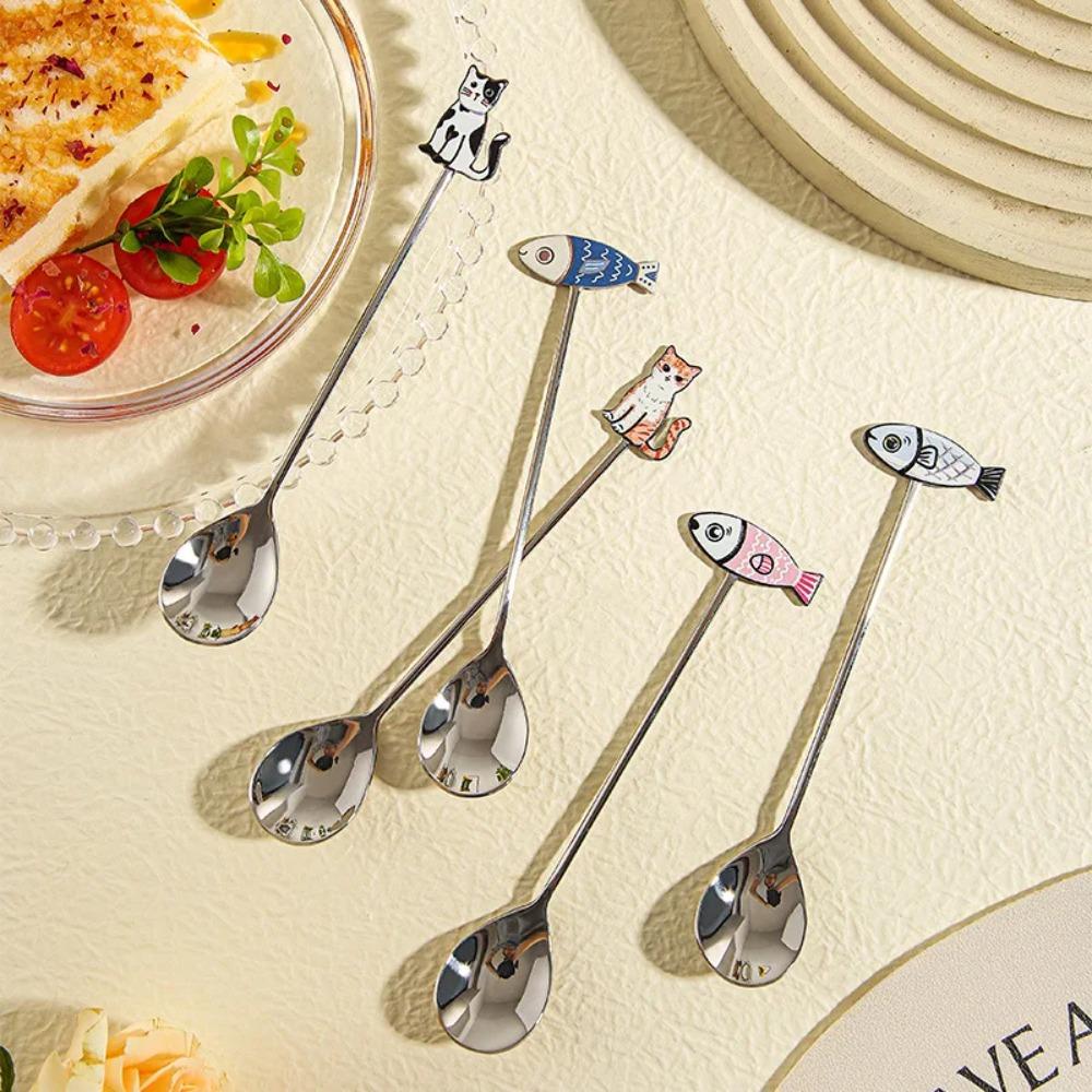 Japanese Korean Style Cat Fish Stainless Steel Spoon Polished Teaspoon Cute Stirring Spoon Cake