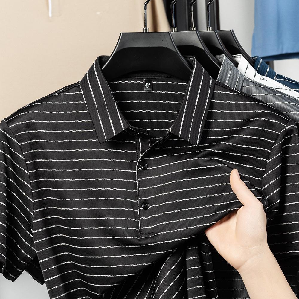 Футболка с коротким рукавом из шелка Mulberry, дышащая мужская полосатая рубашка поло с лацканами, деловой топ с коротким рукавом