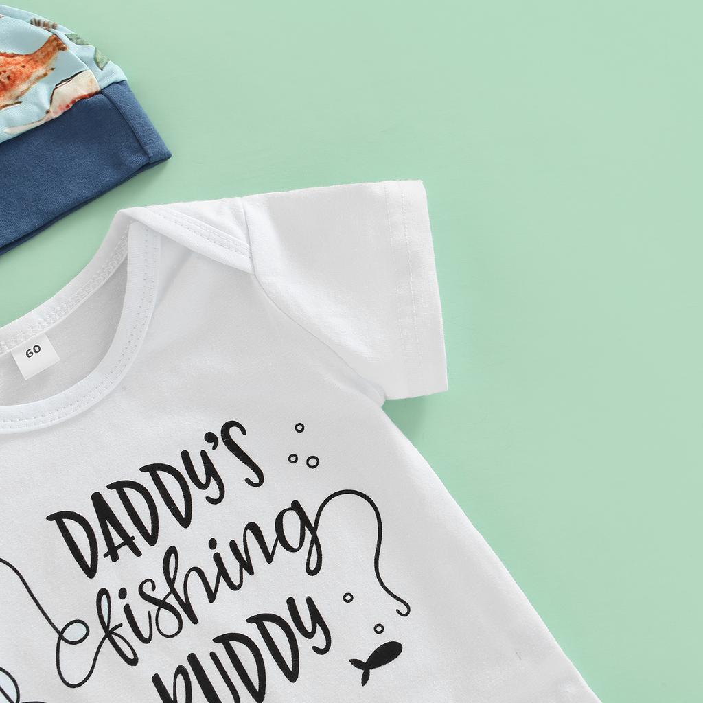 Newborn Three-Piece Outfits, Letter Print Short Sleeve Romper + Colorful Fishes Patchwork Drawstring Trousers + Knotted Hat