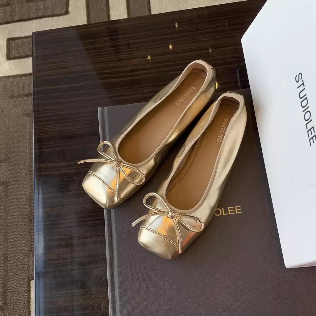 Sheepskin Version~ Genuine Leather Retro Flat-bottomed Ballet Shoes Women's Head Pedal Bow Single Shoes Grandma Shoes