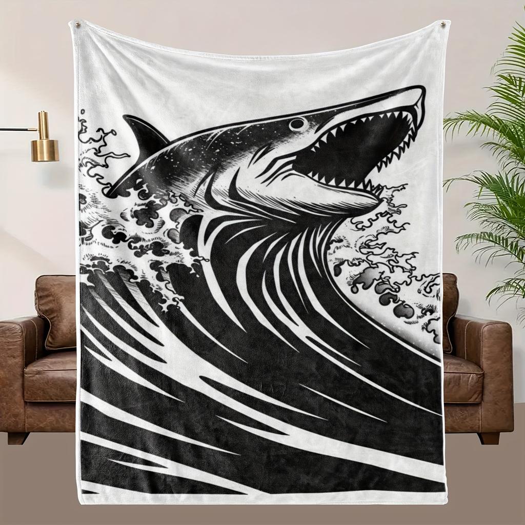 Shark Theme Flannel Blanket - Soft Polyester, High-Definition Black & White Shark Print, All-Season Cozy Throw for Bed, Cou