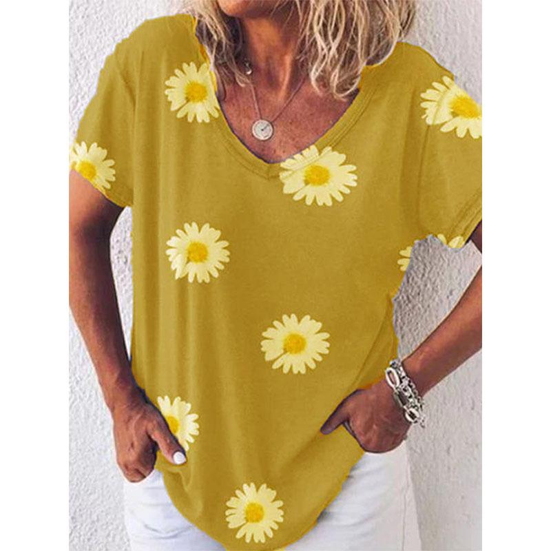 Vintage Women Floral Print T Shirt Short Sleeve V Neck Tops Comfortable T-shirts