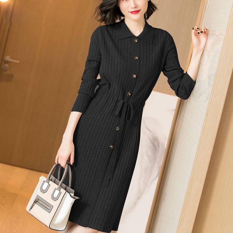 Новый дизайн, женские трикотажные платья, женское платье с длинными рукавами, осенне-зимние узкие платья с отложным воротником и пуговицами