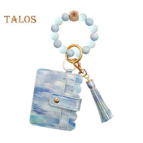 Брелок на запястье с блокировкой RFID и 6 отделениями для карт, браслет с кисточками и бусинами, брелок из искусственной кожи