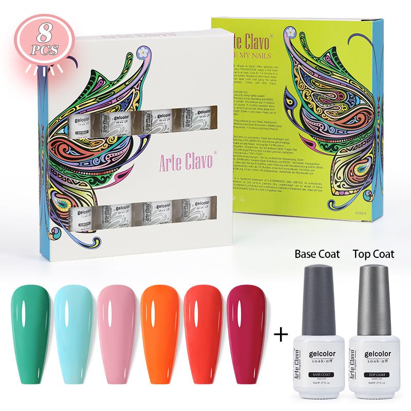 Arte Clavo 8 бутылок/набор, высококачественный блестящий гель-лак для ногтей для маникюра, гель-лак для дизайна ногтей, верхнее базовое покрытие, лак