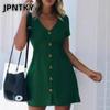 JPNTKY Модные Летние Весенние Однотонные Платья с Принтом, Короткий Рукав, V-образный Вырез, Повседневные