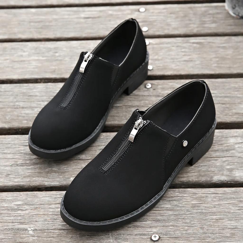 Модные женские туфли из кожи в ретро-британском стиле, осень 2024 г., новые туфли-лоферы с круглым носком и толстым каблуком, с молнией спереди, женские кроссовки