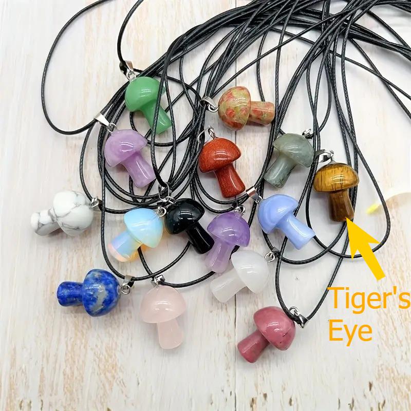 Mushroom necklace, handmade leather rope, colorful, crystal mushroom collarbone chain, bohemian style