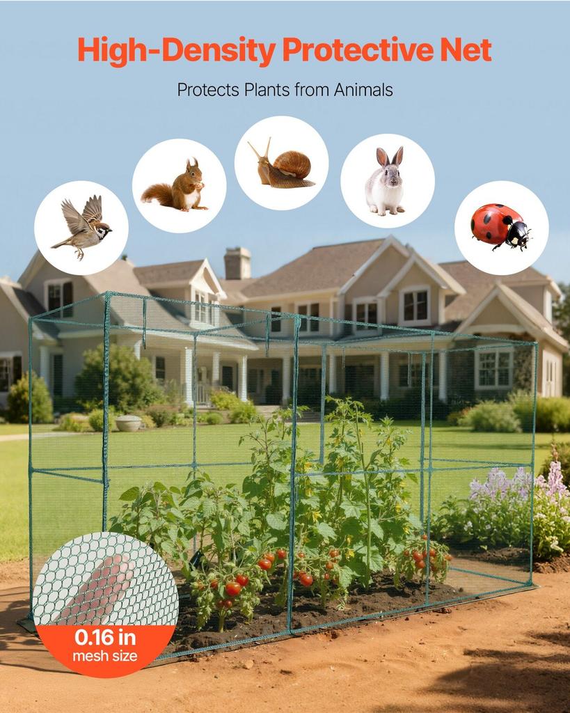 Crop Cage, 3.56 x 1.2 x 1.94 m Plant Protection Tent with Zippered Door, Wind-Resistant Tall Crop Cage, Easy to Install, Outdoor Raised Bed Cover,