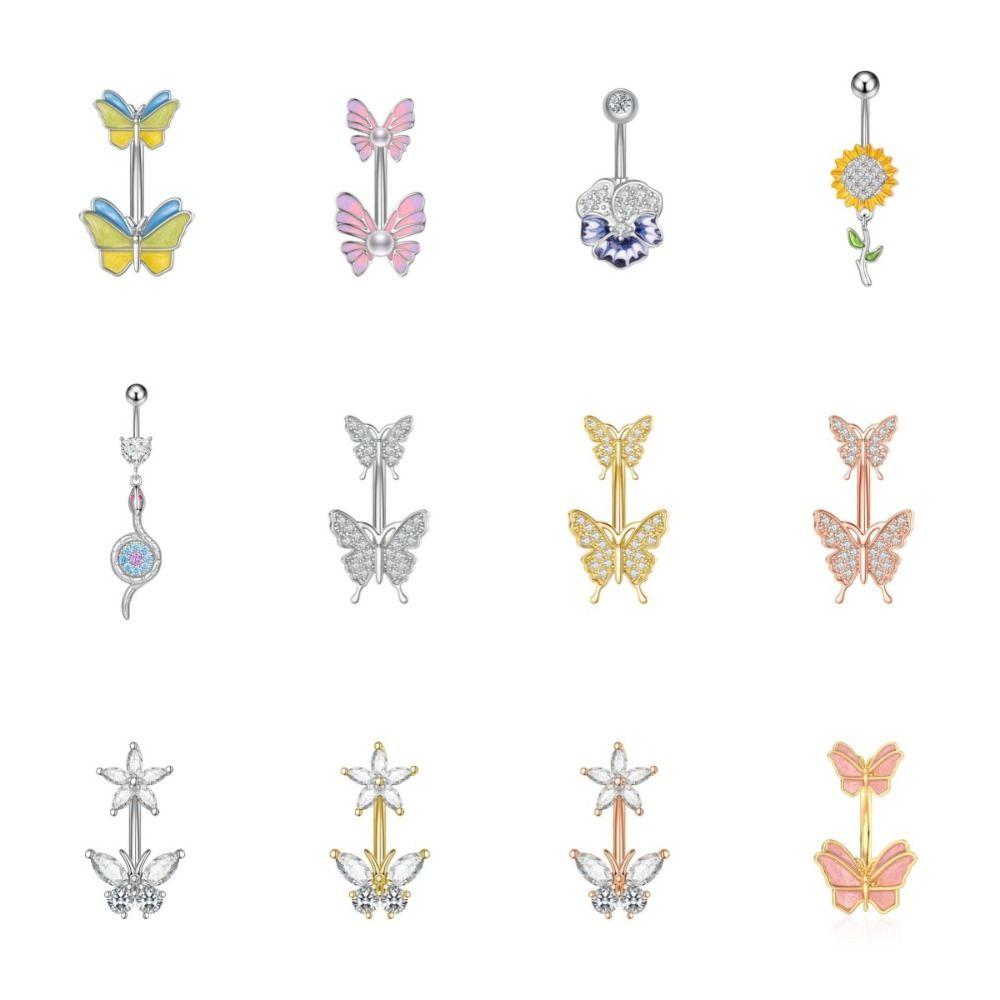 Sunflower Zircon Navel Ring Butterfly Heart Belly Button Ring Vintage Body Piercing Jewelry Girl