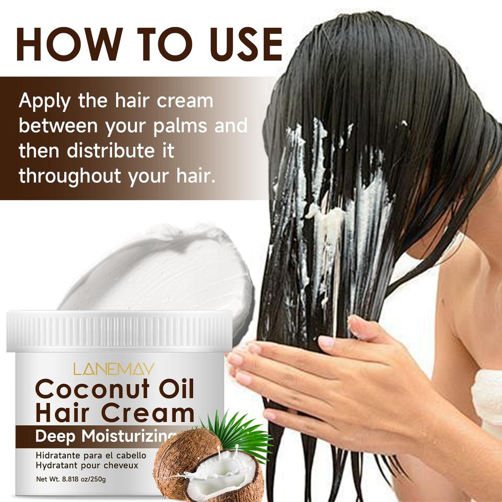 Coconut Oil Hair Cream-Providing Moisture for Softness, Shine, Reduced Frizz, and Healthy hair-For All Hair Types, Women and Men, 250ml