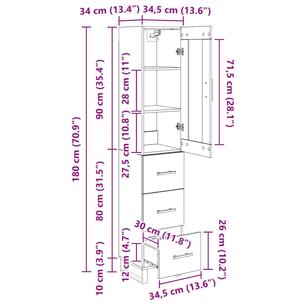 Highboard Artisan Oak 34.5 x 34 x 180 cm Particleboard