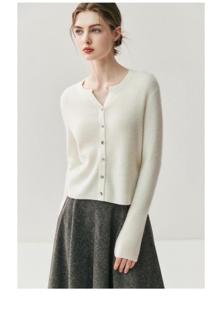 Women's Solid Color Cashmere Cardigan - Round V-Neck, Single-Breasted Wool Sweater for Autumn/Winter.