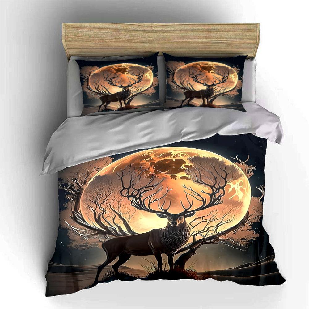 "Forest Deer Moonlit Night Decor" Bedding Set with 1 Duvet Cover 2 Pillowcases Single Double King Queen, Gift