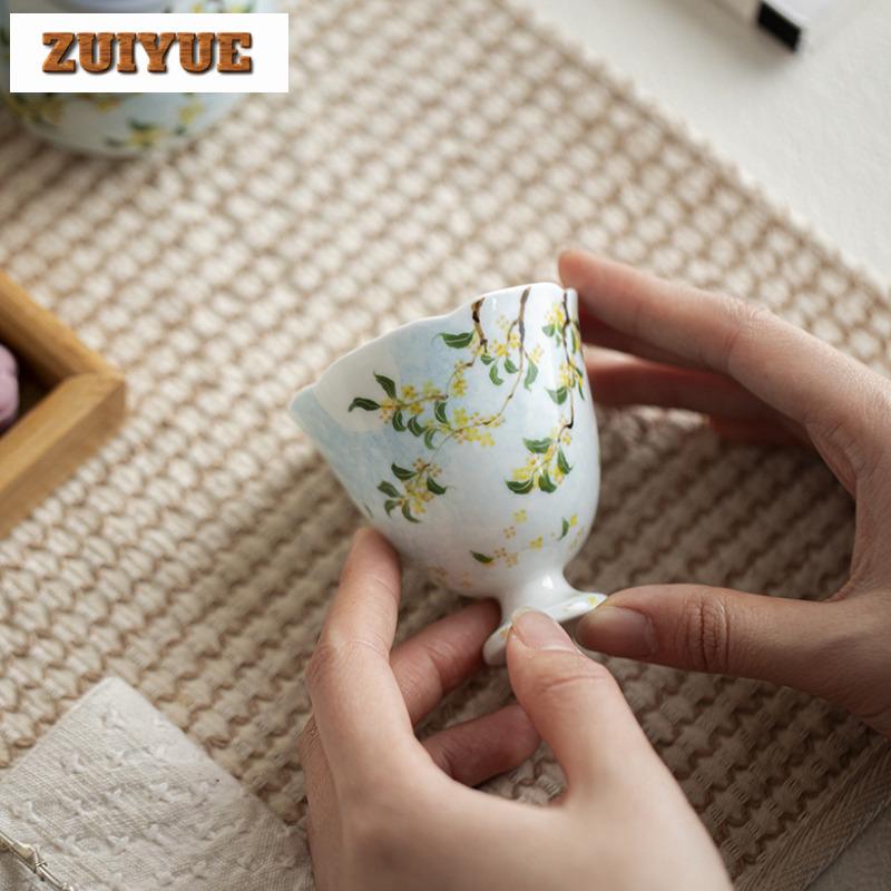 2pc/lot Hand Drawn Osmanthus Blue High Foot Teacup Zen Tea Bowl Mug Tea-tasting Fragrance Cup Jianzhan Master Cups Supplies 90ml