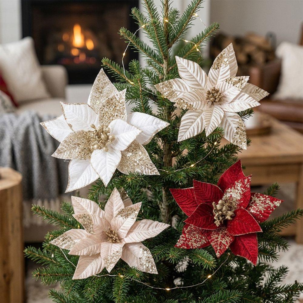 Velvet Fabric Artificial Poinsettia Flower Sequins Christmas Tree Magnolia New Year Gift