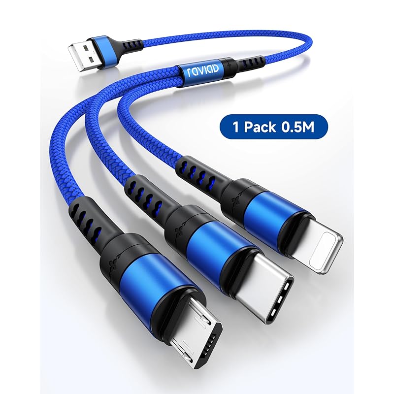 RAVIAD 3in1 Charging Cable Short 0.5M USB Cable 3A Fast Charging 3 In 1 Charging Cord Type C Micro iPhone Can Power 3 Units Simultaneously Android