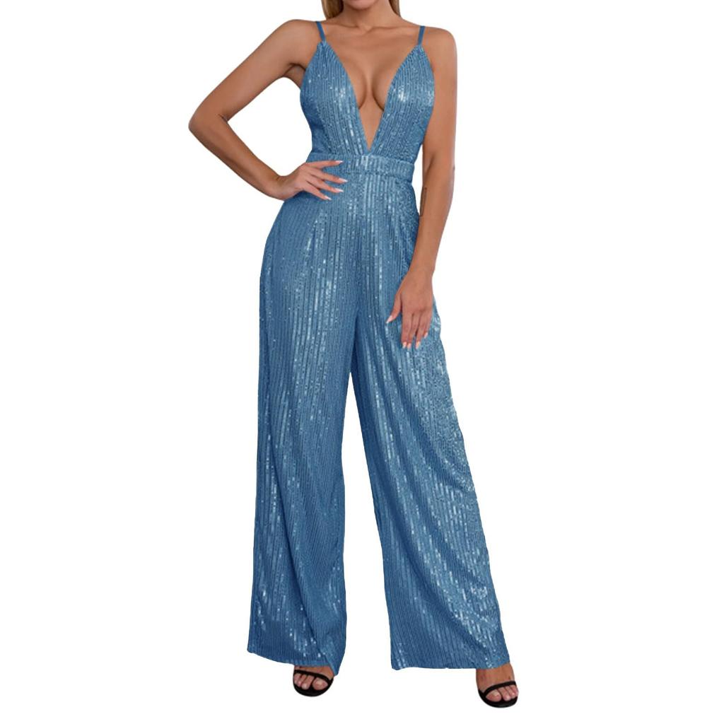 Женский модный повседневный комбинезон с V-образным вырезом, открытой спиной, без рукавов, с пайетками, однотонный