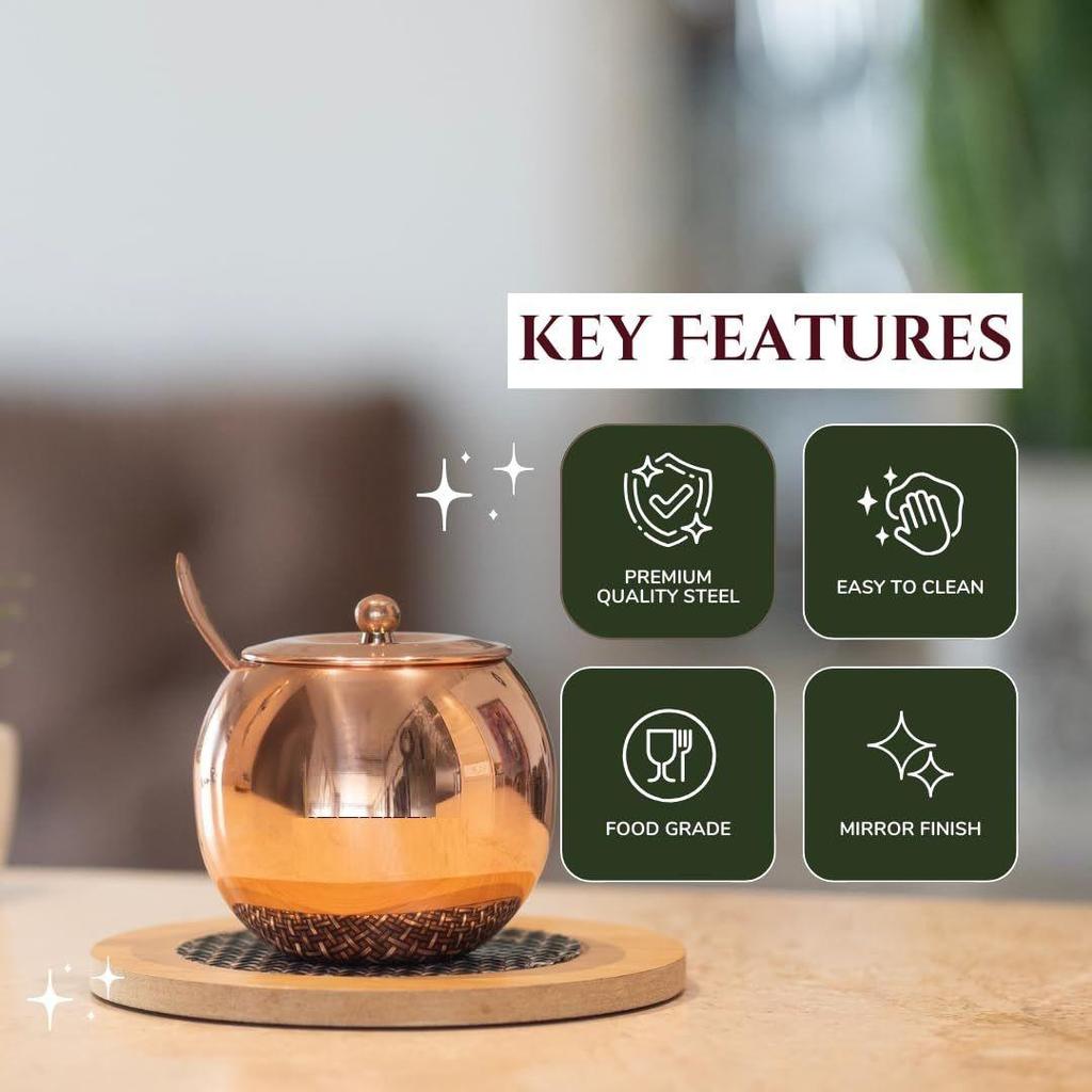 Пот для гхи из нержавеющей стали с медным покрытием и ложкой | Контейнер для масла и гхи 275 мл для кухни | Устойчивая к ржавчине банка-диспенсер для гхи