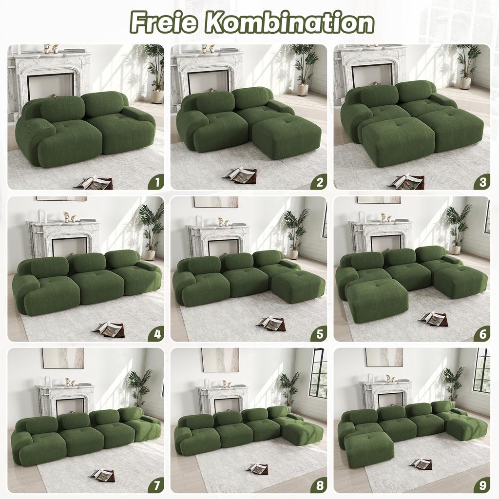 Loveseat Sofa Corduroy, Frameless, Combinable with Curved Armrests and Non-Slip Underside, High-Elastic Padding for Living Room, Bedroom, Green