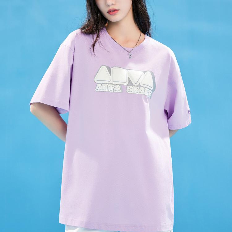 Anta Lifestyle Series Logo Print Casual Letter Short Sleeve T-Shirt Unisex Tops Light-Pink Purple 152328133-3