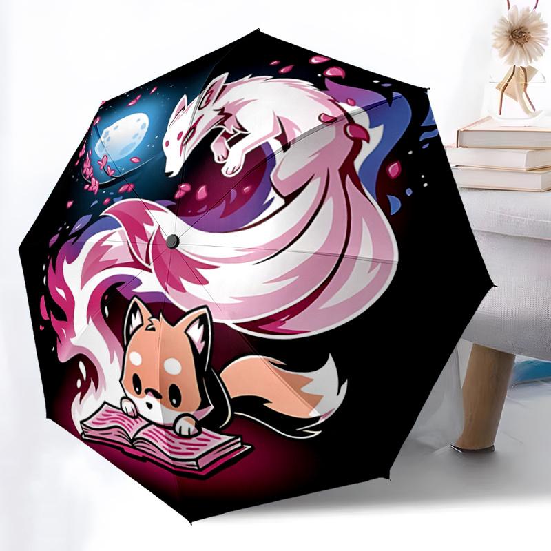 1pc Fox Reading Book with Cherry Blossoms Automatic Umbrella Design, Cute Cartoon Pattern, Portable Outdoor Umbrella, Perfect F079