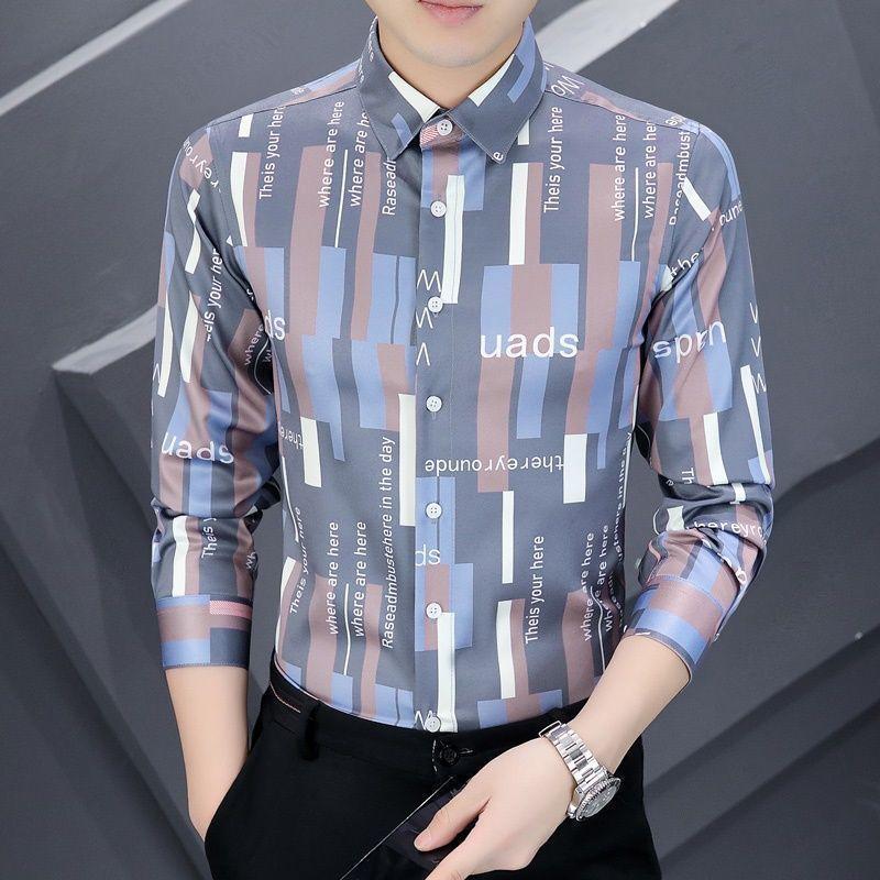 Smart Casual Sping Autumn Shirts Men Lapel Letter Printing Single Breasted Trend Fashion All-match Elastic Slim Long Sleeve Tops