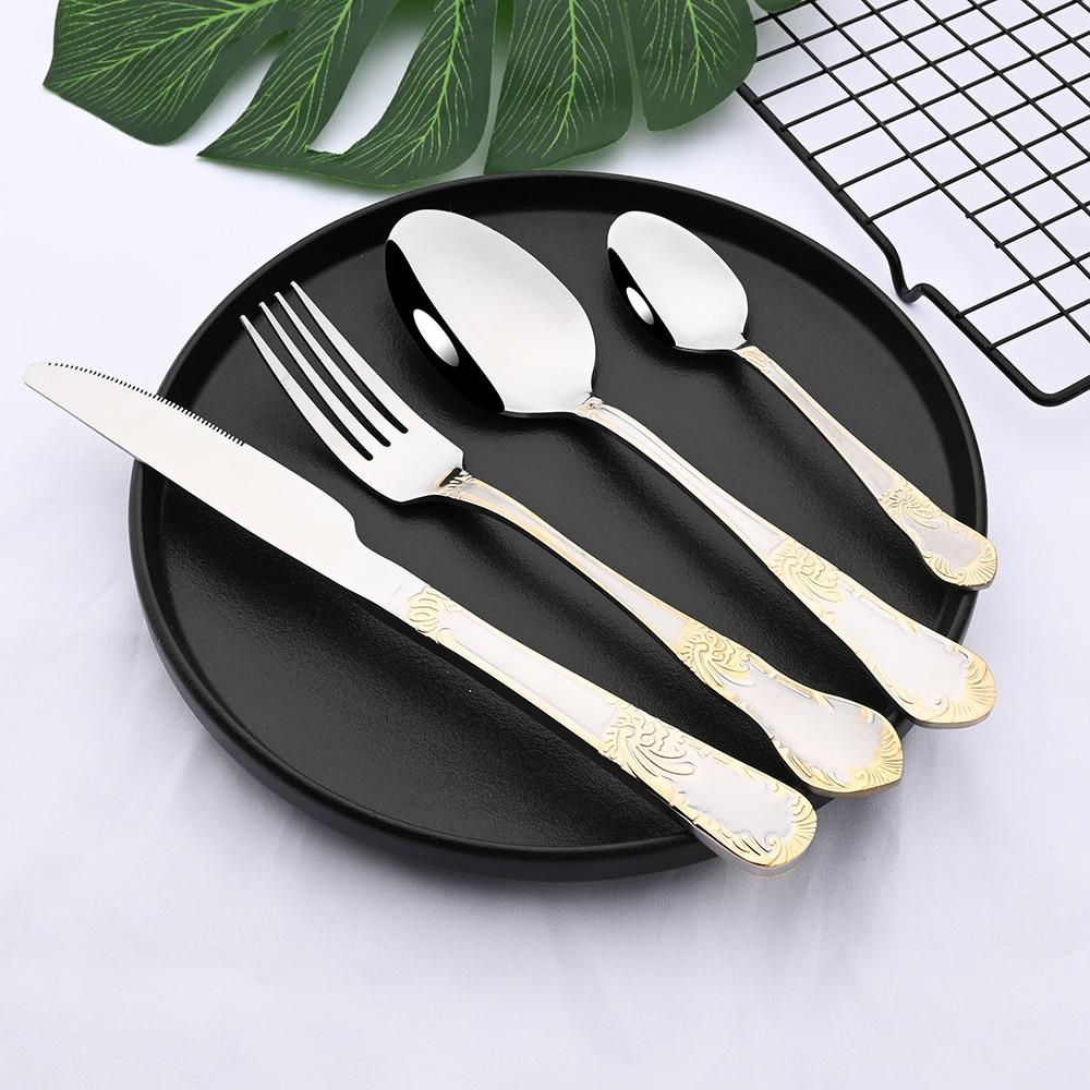 Винтажный западный золотой набор столовых приборов, набор обеденных ножей, золотая роскошная посуда, набор посуды с гравировкой